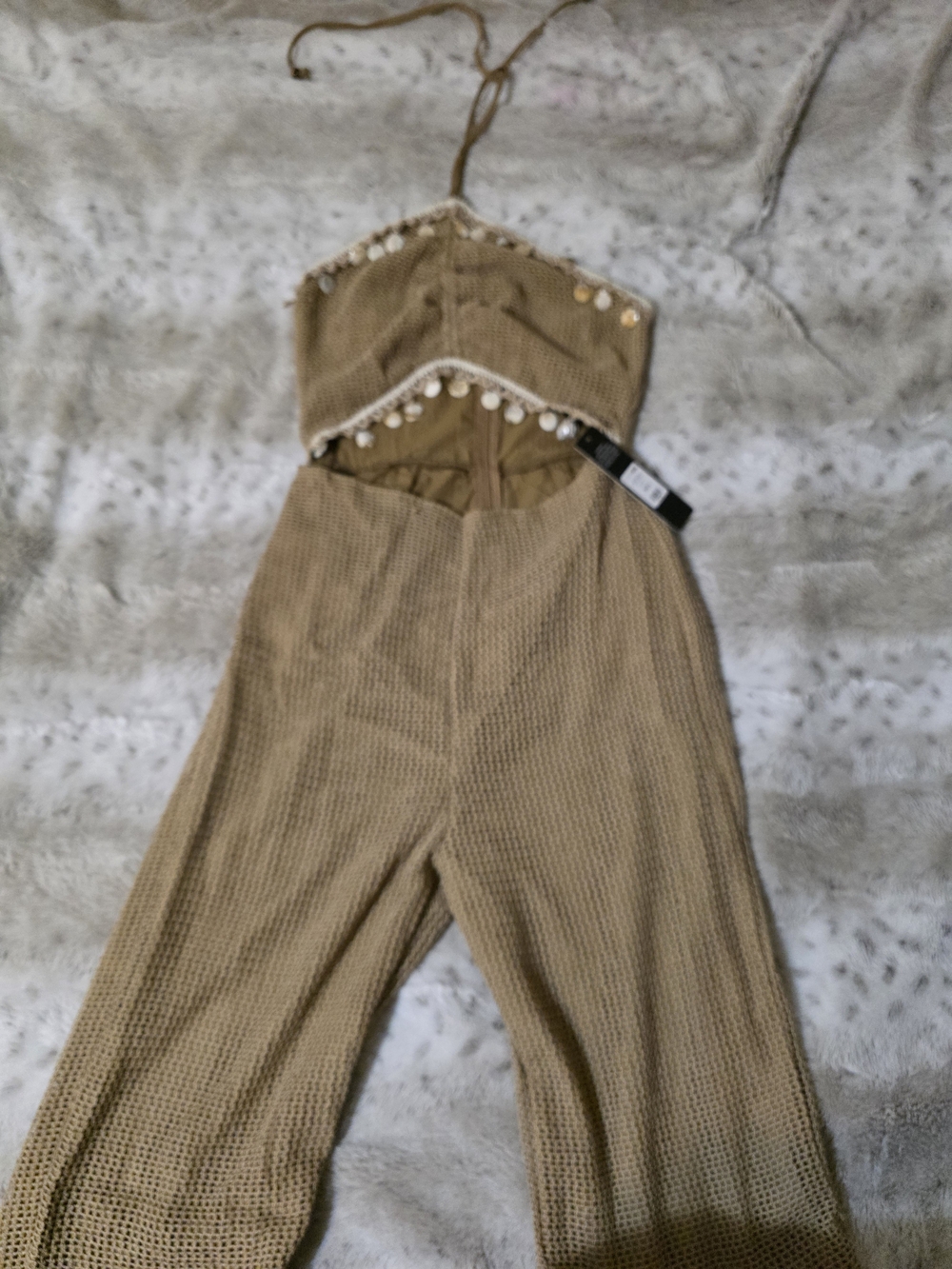 Fashion Nova Tan Crochet Halter Jumpsuit with Shell Accents